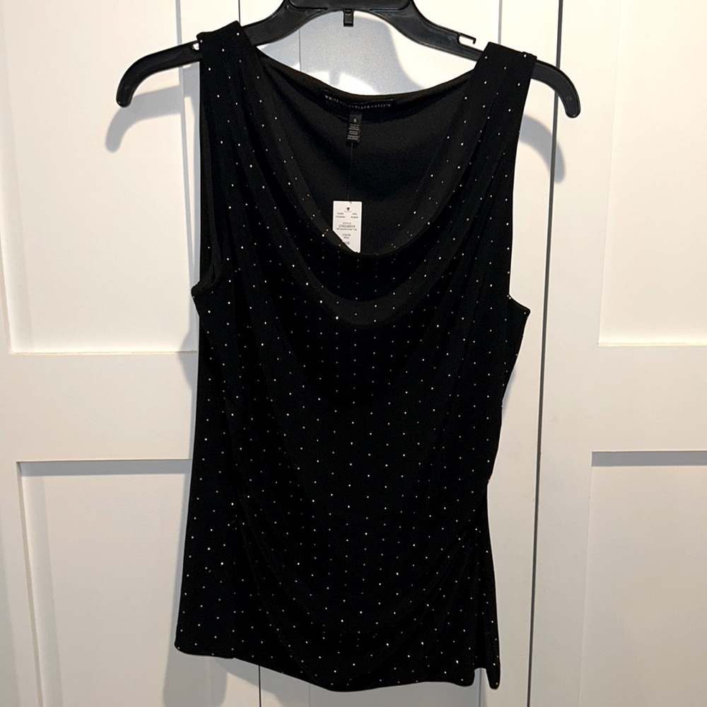 NWT WHBM sz S black and silver polka dot blouse